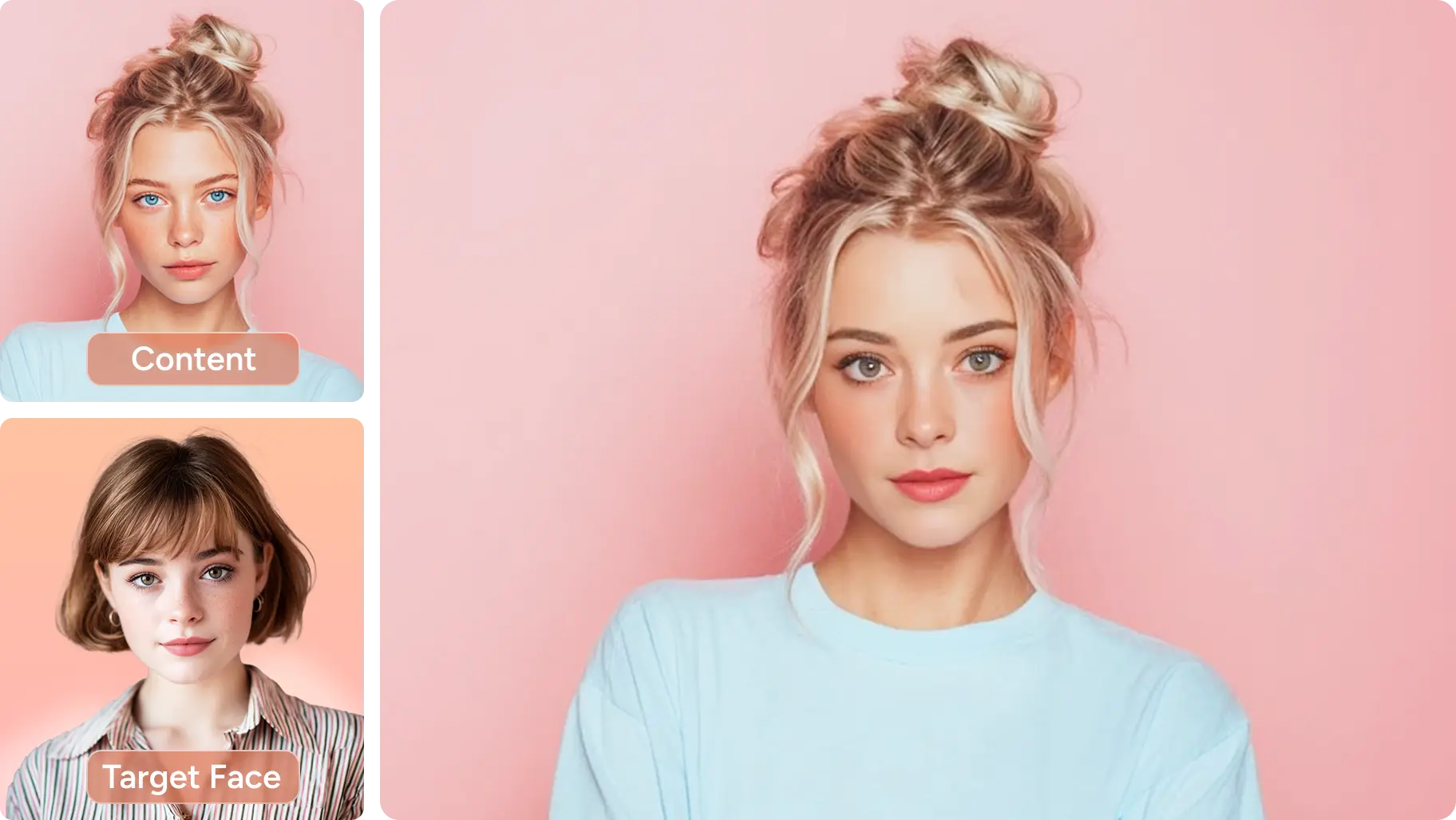 AI Easeの顔交換アプリで顔を変える女性の前後画像